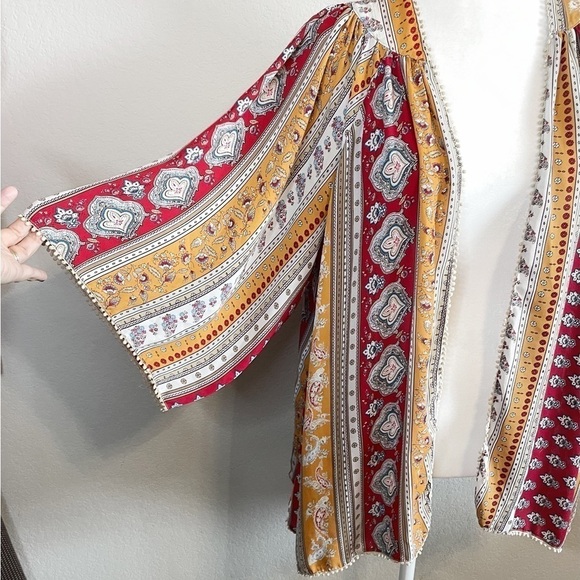 Forever 21 Boho Open Front Lightweight Red Tan Cardigan Cover Up Size Small - Picture 3 of 8